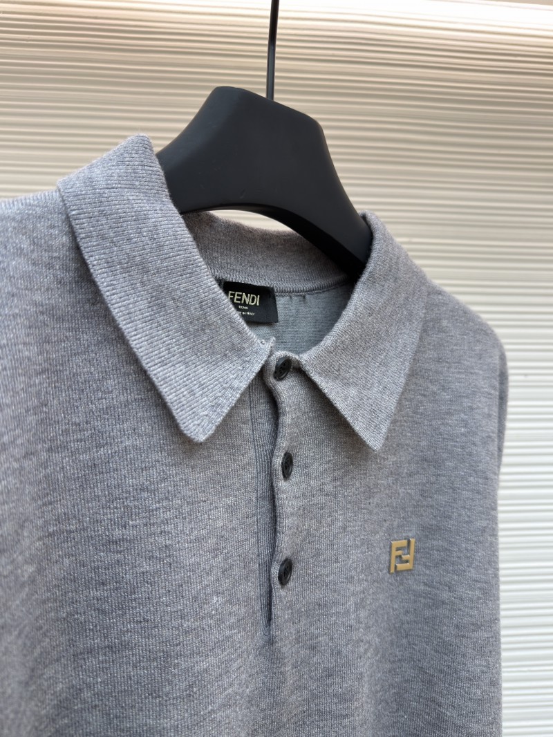 Fendi Double F Gold-Embossed Logo Knit Polo Shirt 1 7