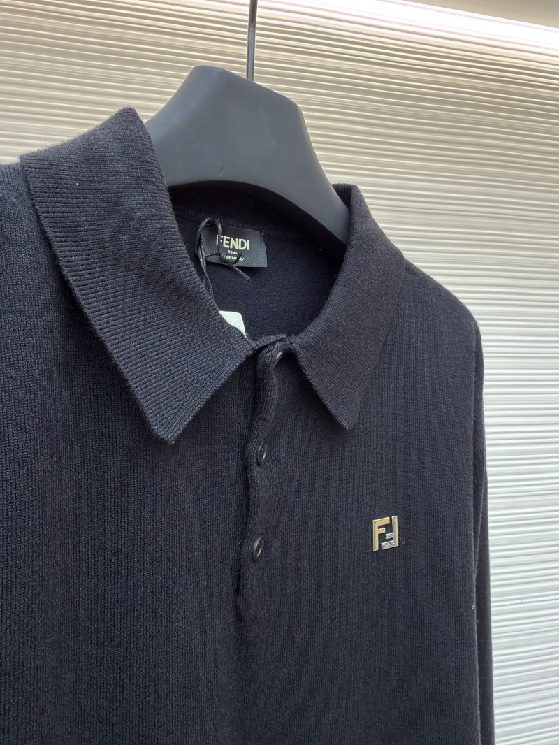 Fendi Double F Gold-Embossed Logo Knit Polo Shirt 2 7