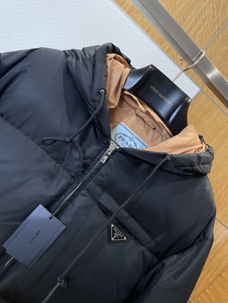 Prada Enameled Triangle Logo Drawstring Hooded Quilted Down Jacket 2