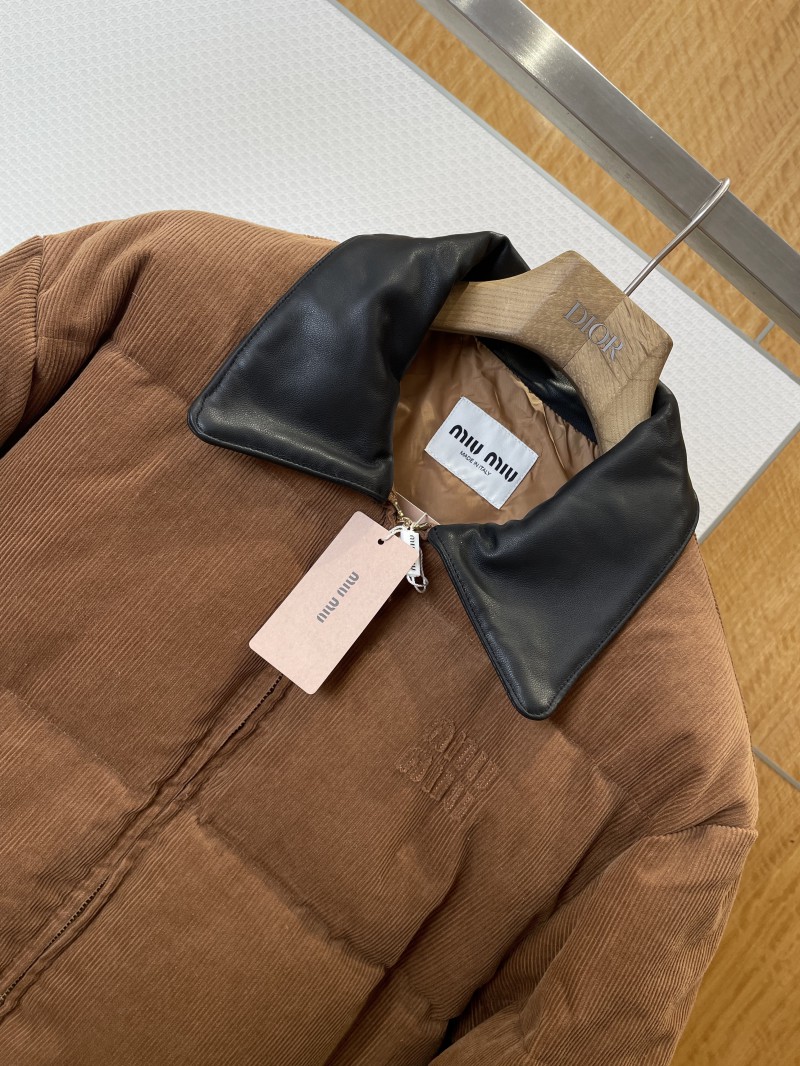 Miu Miu Embroidered Logo Leather Collar Corduroy Down Jacket 2