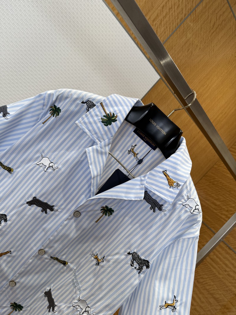 LV Animal Embroidered Striped Short-Sleeve Shirt 2