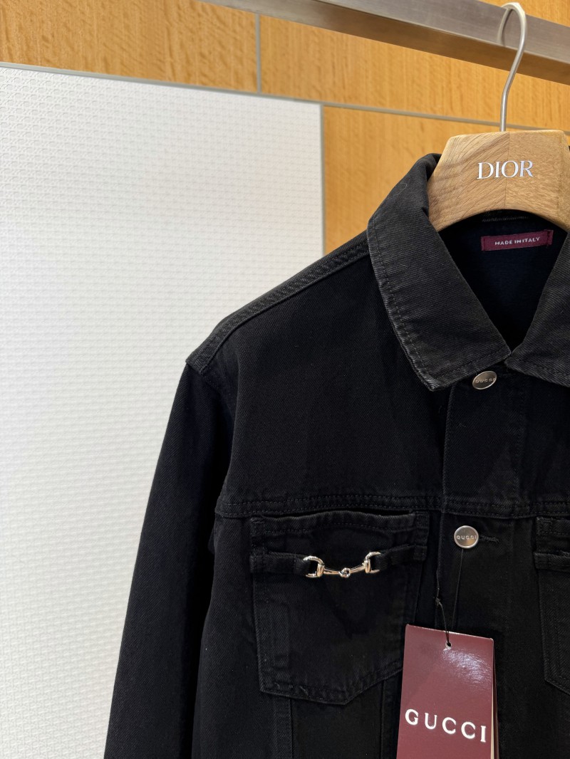 Gucci Horsebit-Decorated Lacquered Leather Label Denim Jacket 1 2