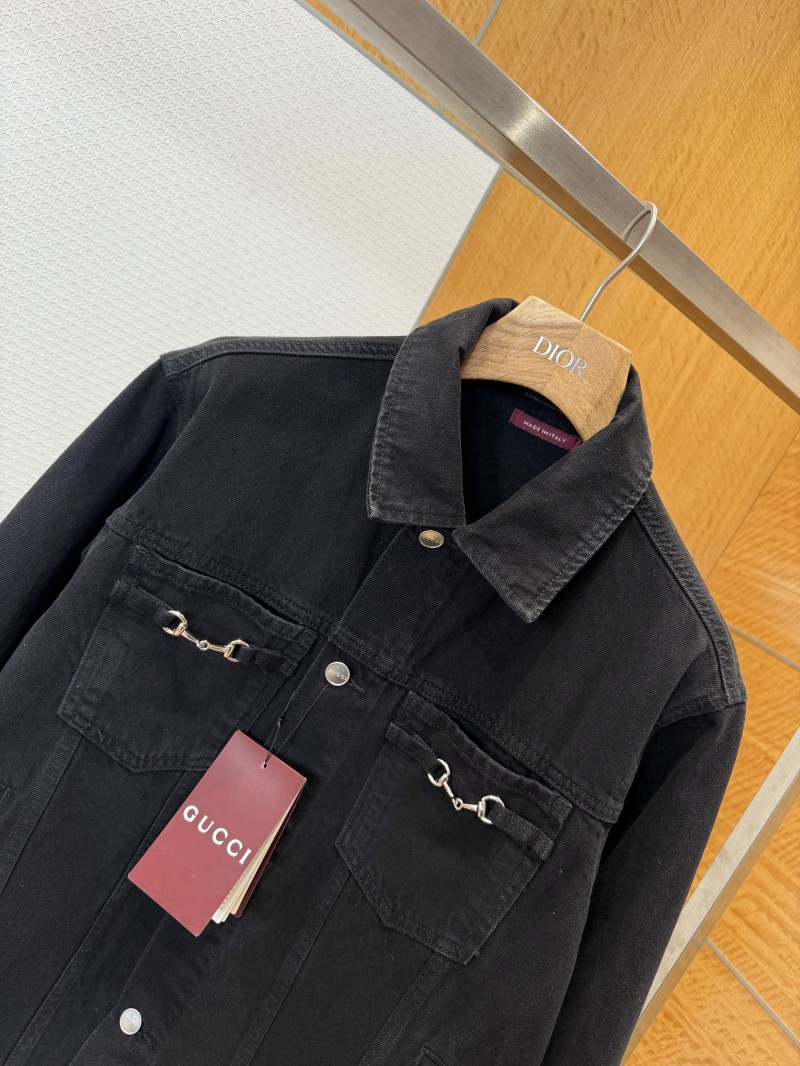 Gucci Horsebit-Decorated Lacquered Leather Label Denim Jacket 1 3
