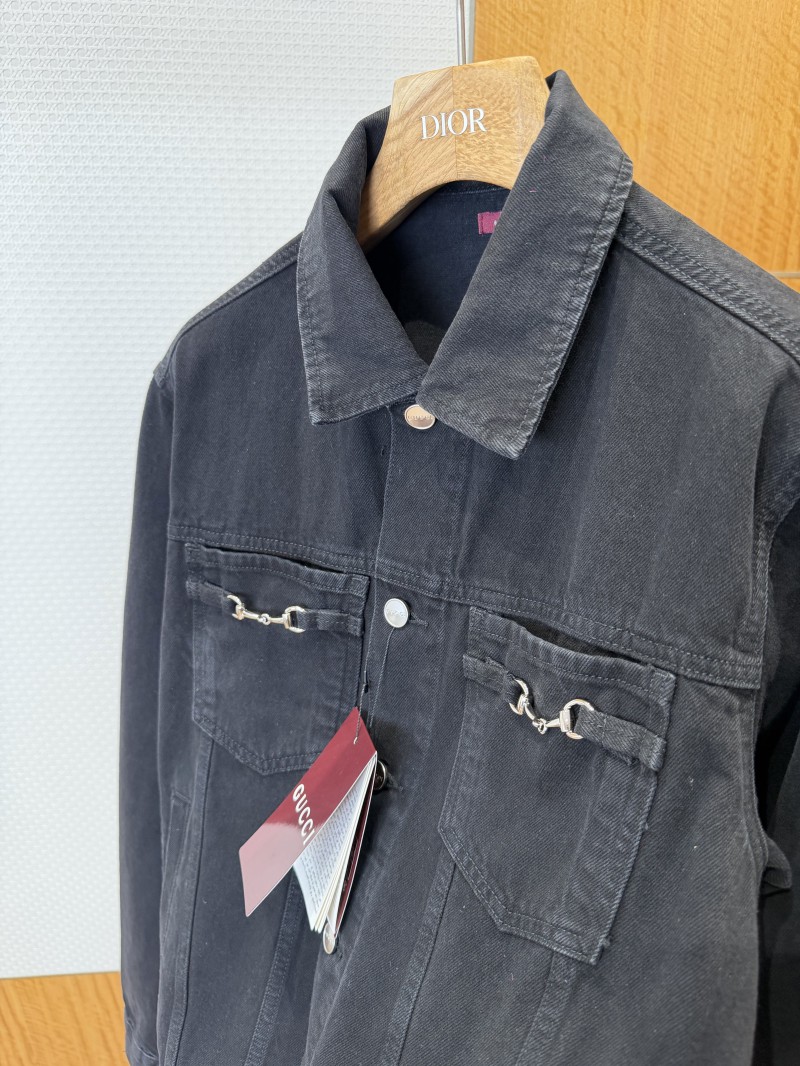 Gucci Horsebit-Decorated Lacquered Leather Label Denim Jacket 1 4