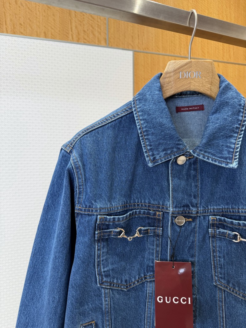 Gucci Horsebit-Decorated Lacquered Leather Label Denim Jacket 2 3