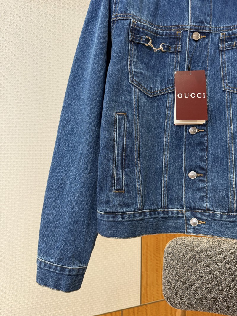 Gucci Horsebit-Decorated Lacquered Leather Label Denim Jacket 2 4