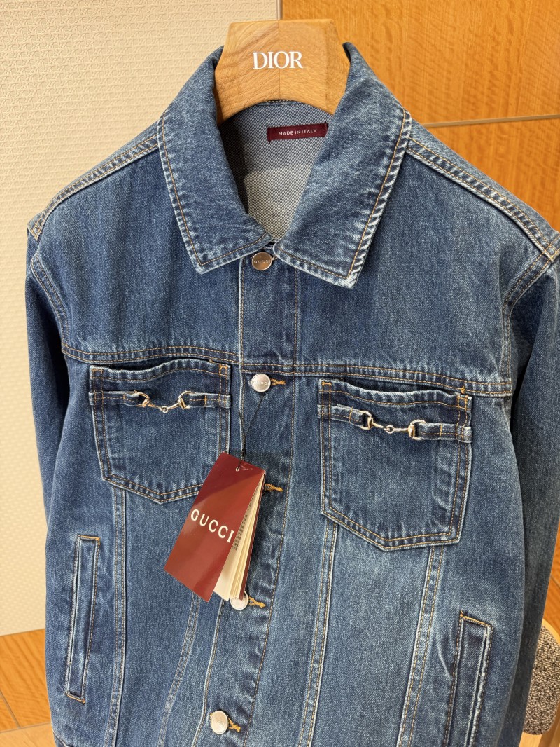 Gucci Horsebit-Decorated Lacquered Leather Label Denim Jacket 2 5