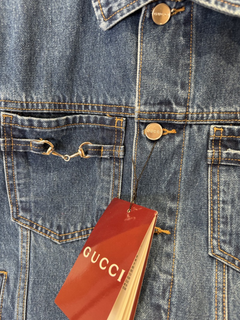 Gucci Horsebit-Decorated Lacquered Leather Label Denim Jacket 2 6