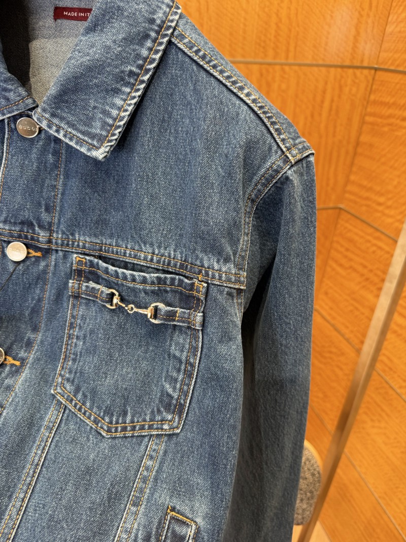 Gucci Horsebit-Decorated Lacquered Leather Label Denim Jacket 2 7