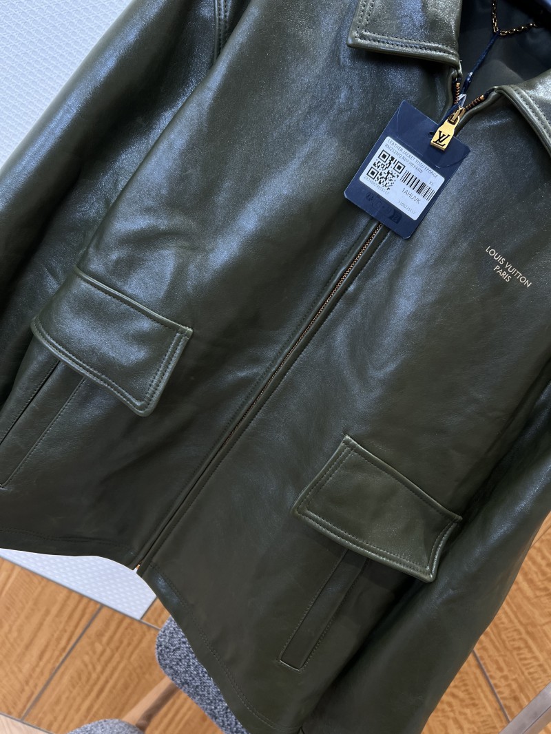 LV Letter Logo Lapel Zipper Leather Jacket 3
