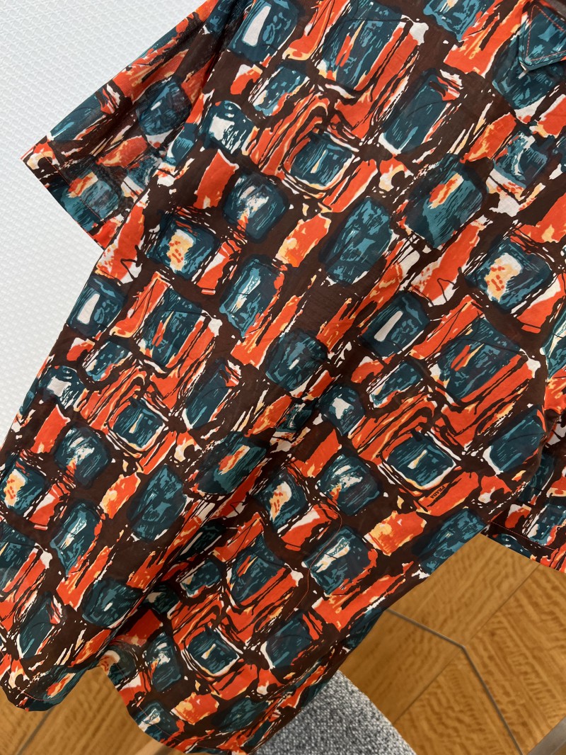 Prada Color-Blocked Artistic Checkered Short-Sleeve Collared Shirt 6