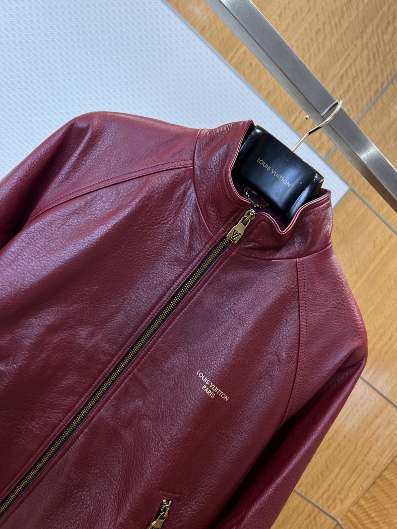 LV Gold-Embossed Zipper Stand-Up Collar Luxury Leather Jacket 1