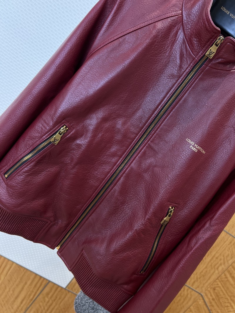 LV Gold-Embossed Zipper Stand-Up Collar Luxury Leather Jacket 2