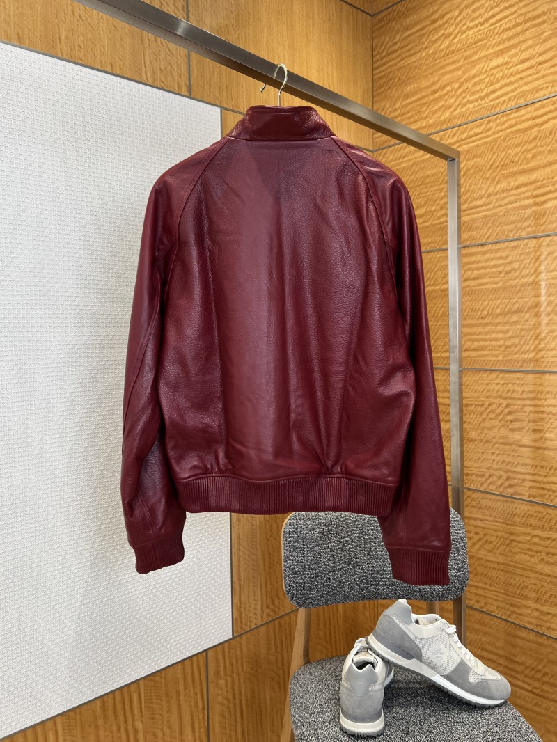 LV Gold-Embossed Zipper Stand-Up Collar Luxury Leather Jacket 6