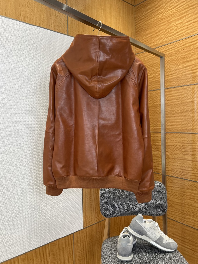 Prada Logo Letter Hooded Leather Jacket 1