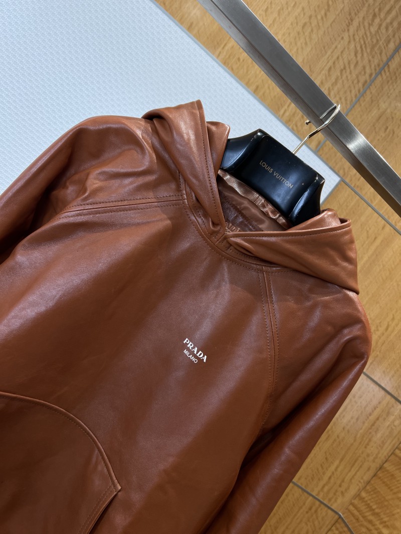 Prada Logo Letter Hooded Leather Jacket 2