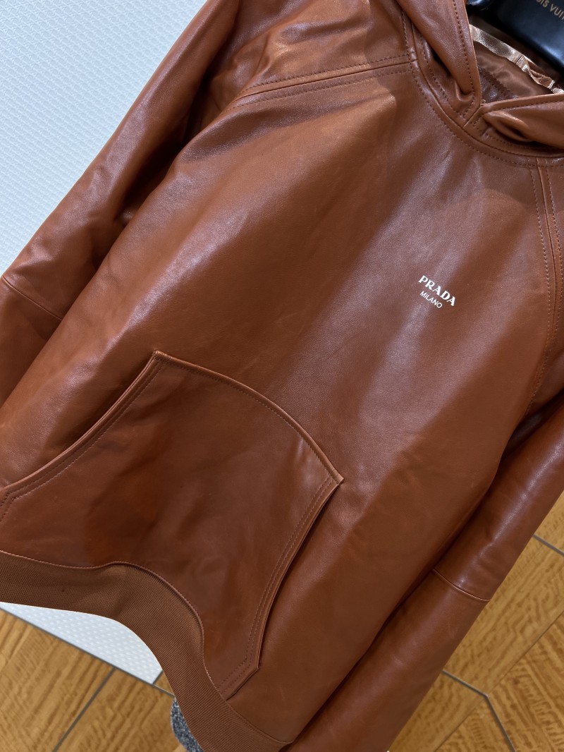 Prada Logo Letter Hooded Leather Jacket 3