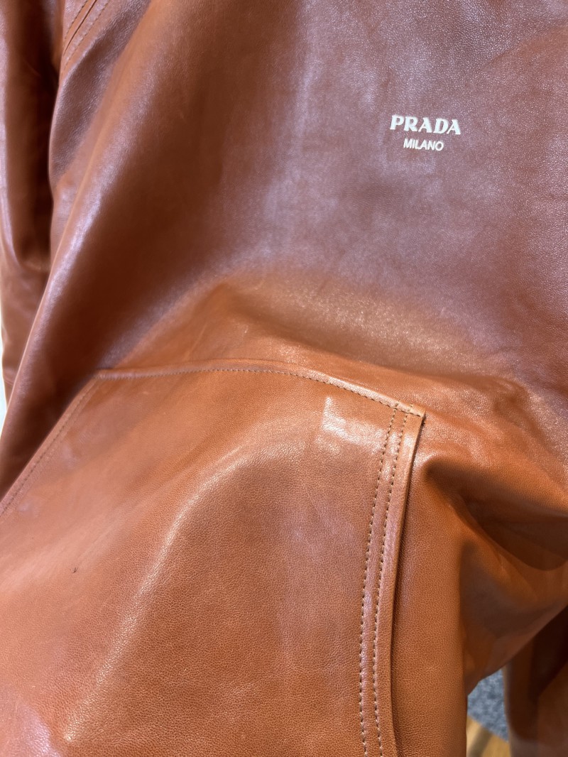 Prada Logo Letter Hooded Leather Jacket 4