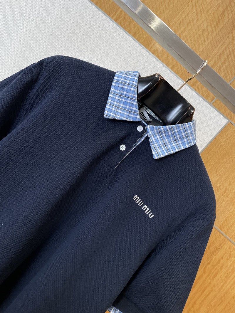 Miu Miu Logo Embroidered Checkered Patchwork Short-Sleeve Polo Shirt 2